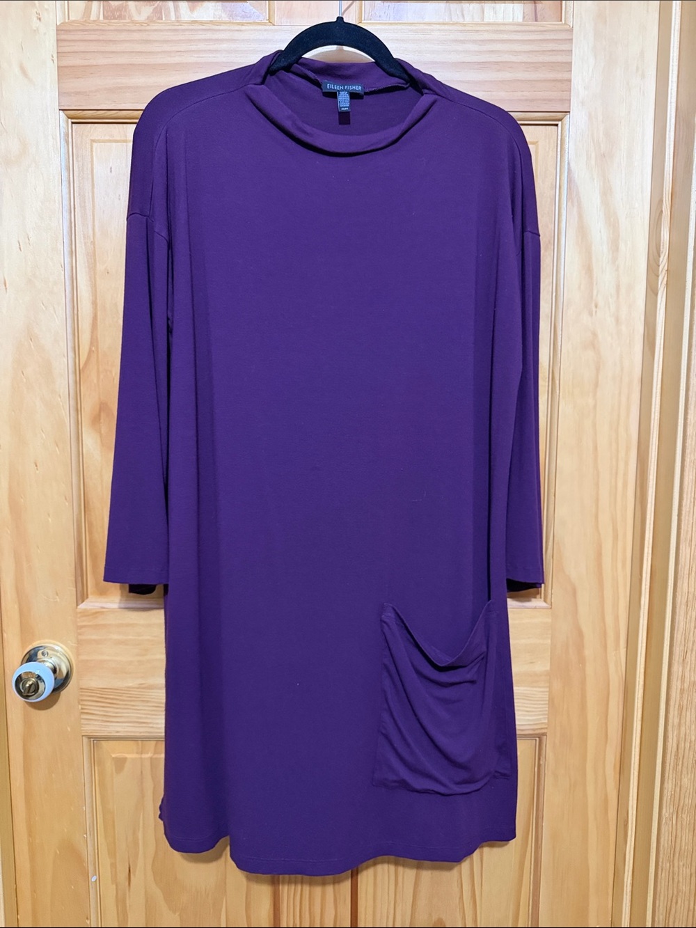 Eileen Fisher Deep Purple Long-Sleeve Tunic Dress with Oversized Pocket.